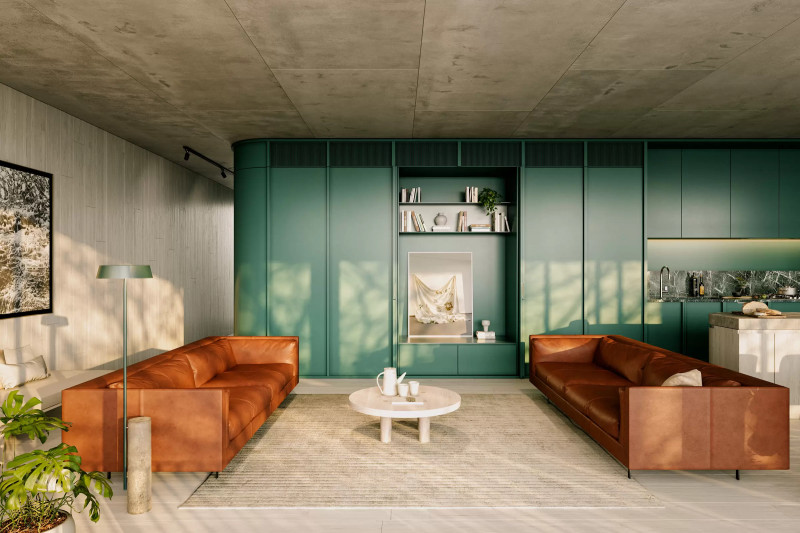 Render of living room complete with two orange leather couches and green cabinetry